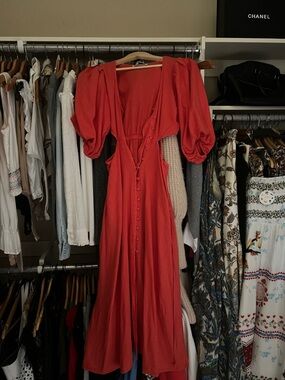 Young Fabulous & Broke Coral Red Puff-Sleeve Button-Front Maxi Dress XS/S